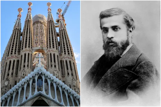 Sagrada Familia-basilikaen (til venstre) og Antoni Gaudí (til høyre)