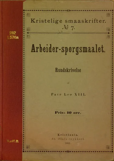 Forsiden av Rerum novarum på norsk fra 1891
