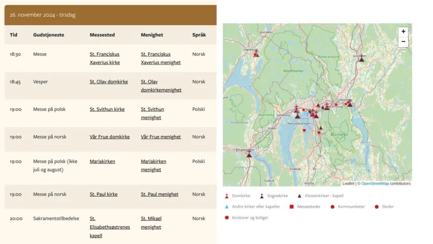 Skjermbilde av messetider og kart på katolsk.no