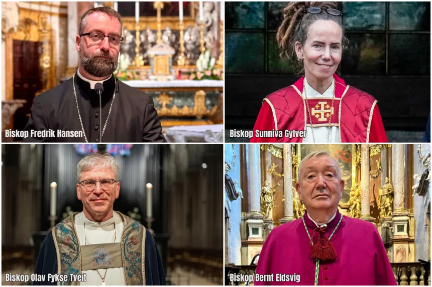Collage av Gamle Aker kirke og de fire biskoper Bernt Eidsvig, Olav Fykse Tveit, Fredrik Hansen og Sunniva Gylver.. 
