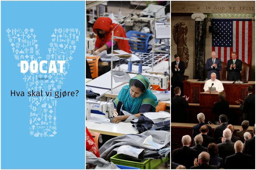 Kollasj med forsiden av DOCAT, økonomisk produksjon og politisk liv