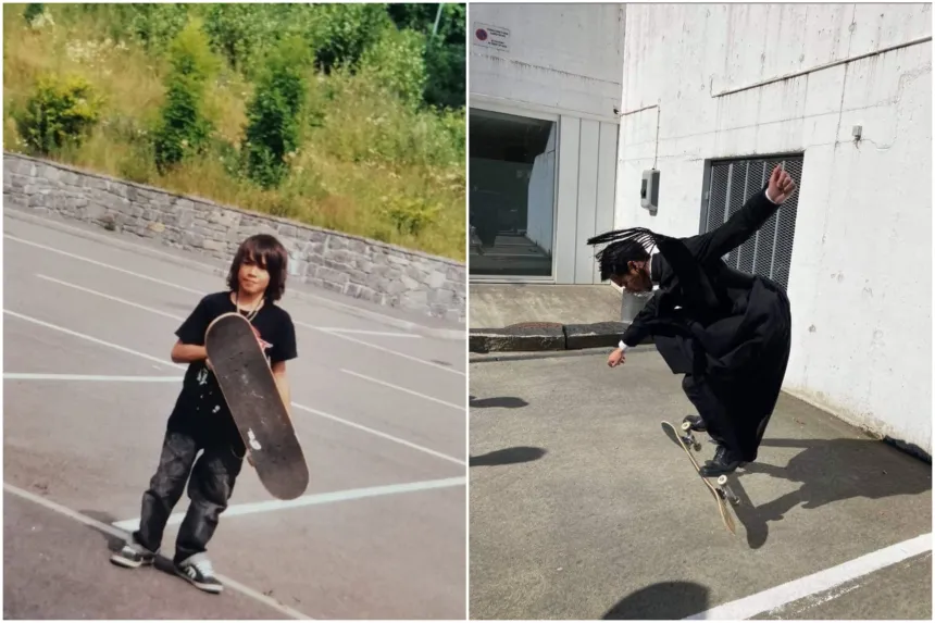 Mathias Ledum med skateboard som barn og voksen