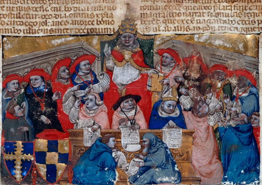 Illustrasjon av pave Bonifatius VIII og hans kardinaler