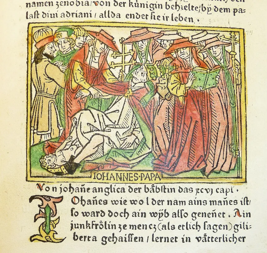 Illustrasjon av fabel-paven Johanna som føder barn