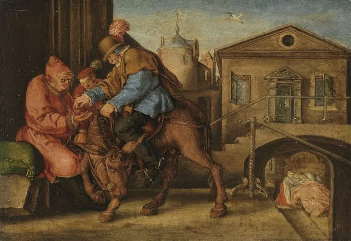 Heinrich Aldegrevers maleri av den barmhjertige samaritan som betaler verten