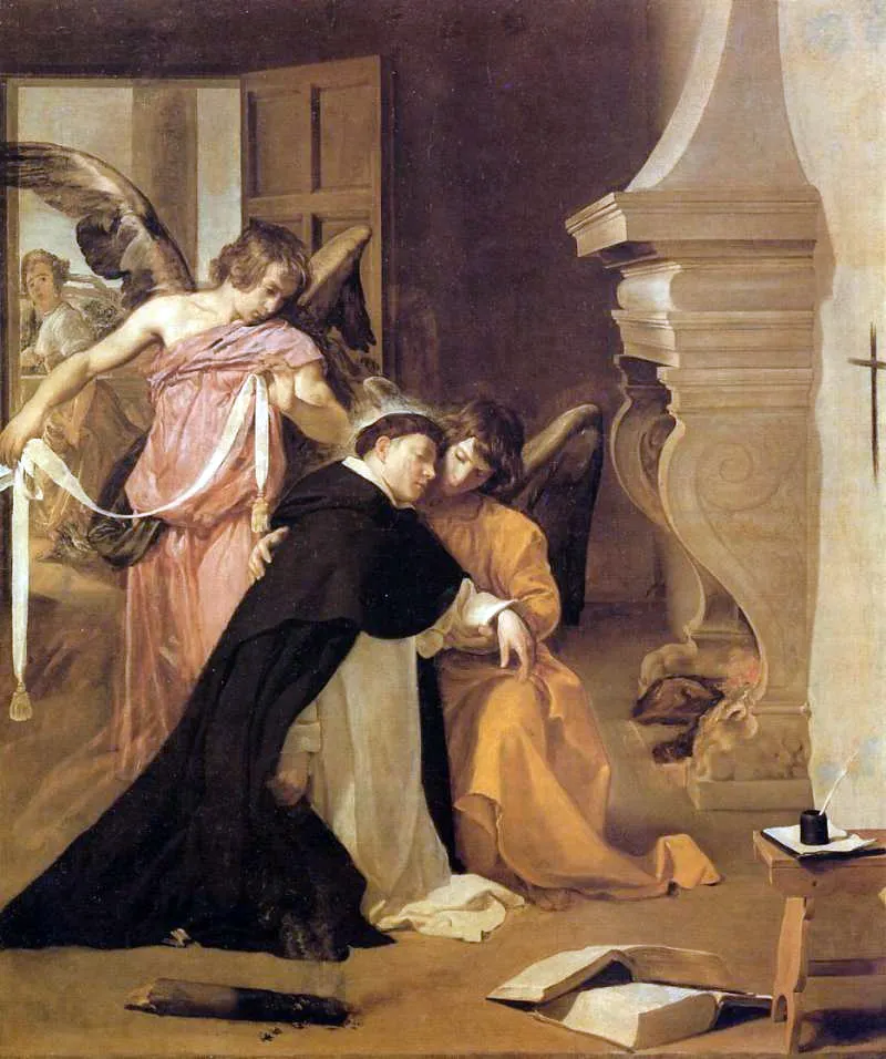 Thomas Aquinas blir hjulpet av to engler