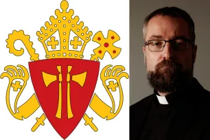 Collage av biskop Fredrik Hansen og OKBs våpenskjold