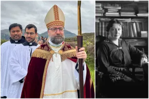 Collage of Bishop Fredrik Hansen on the island of Selja and Sigrid Undset in her study. 